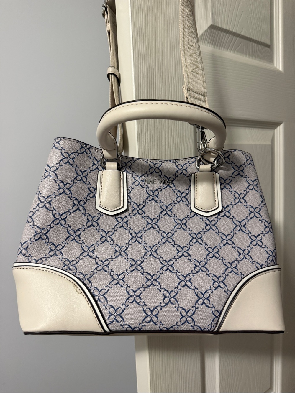 Nine West Cream & Blue Monogram Satchel